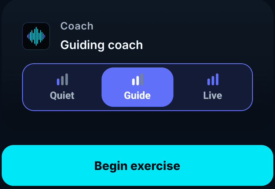 Choosing the coach level before a set: Quiet, Guide or Live