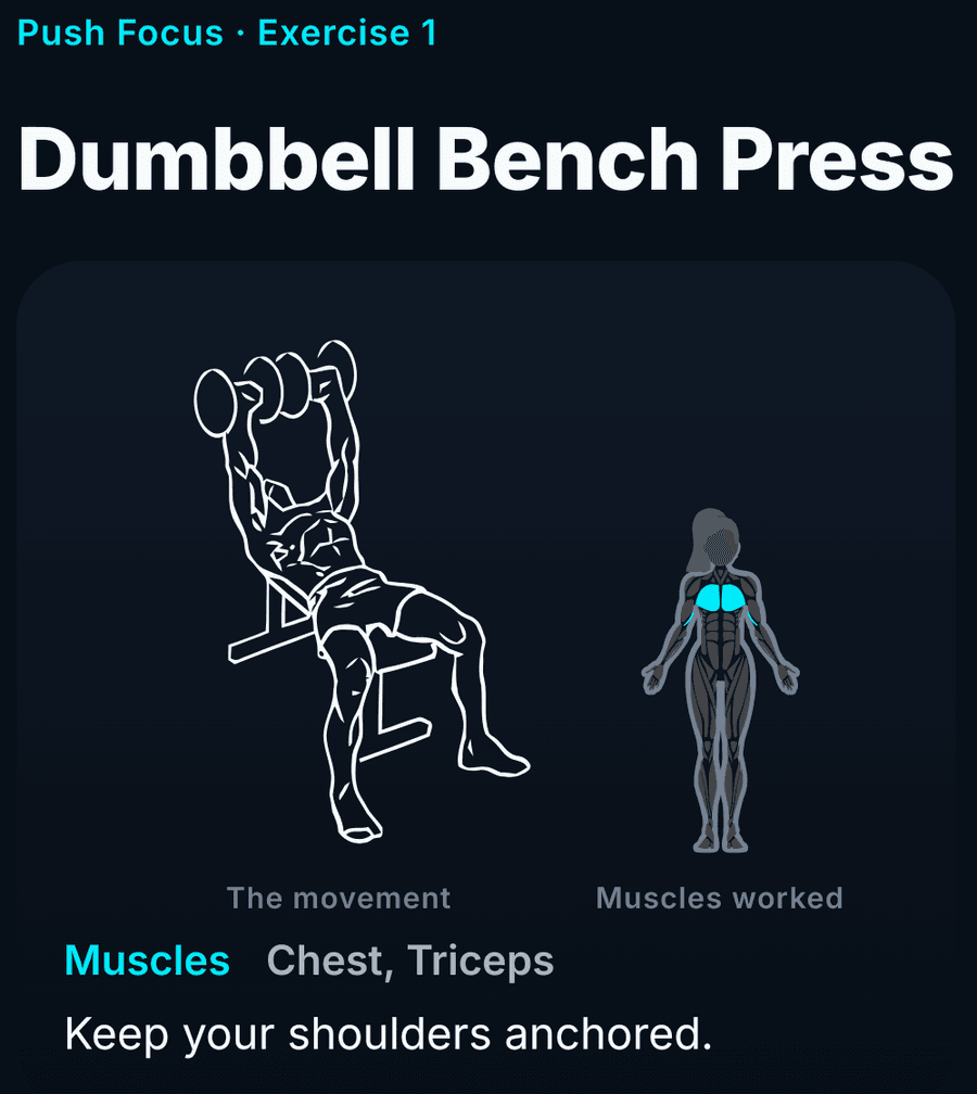The OneMore exercise intro for a dumbbell bench press: the movement, a figure with the chest lit up, and the muscles named