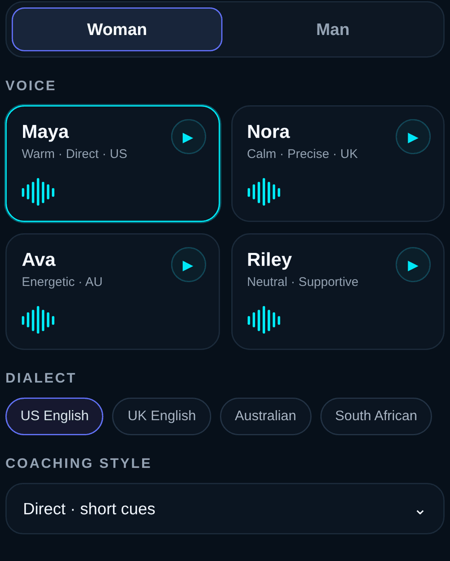The OneMore voice picker: a woman's or a man's voice, four voices, a dialect and a coaching style