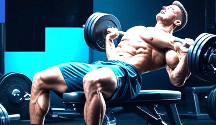 Dumbbell press on a bench in a training hall