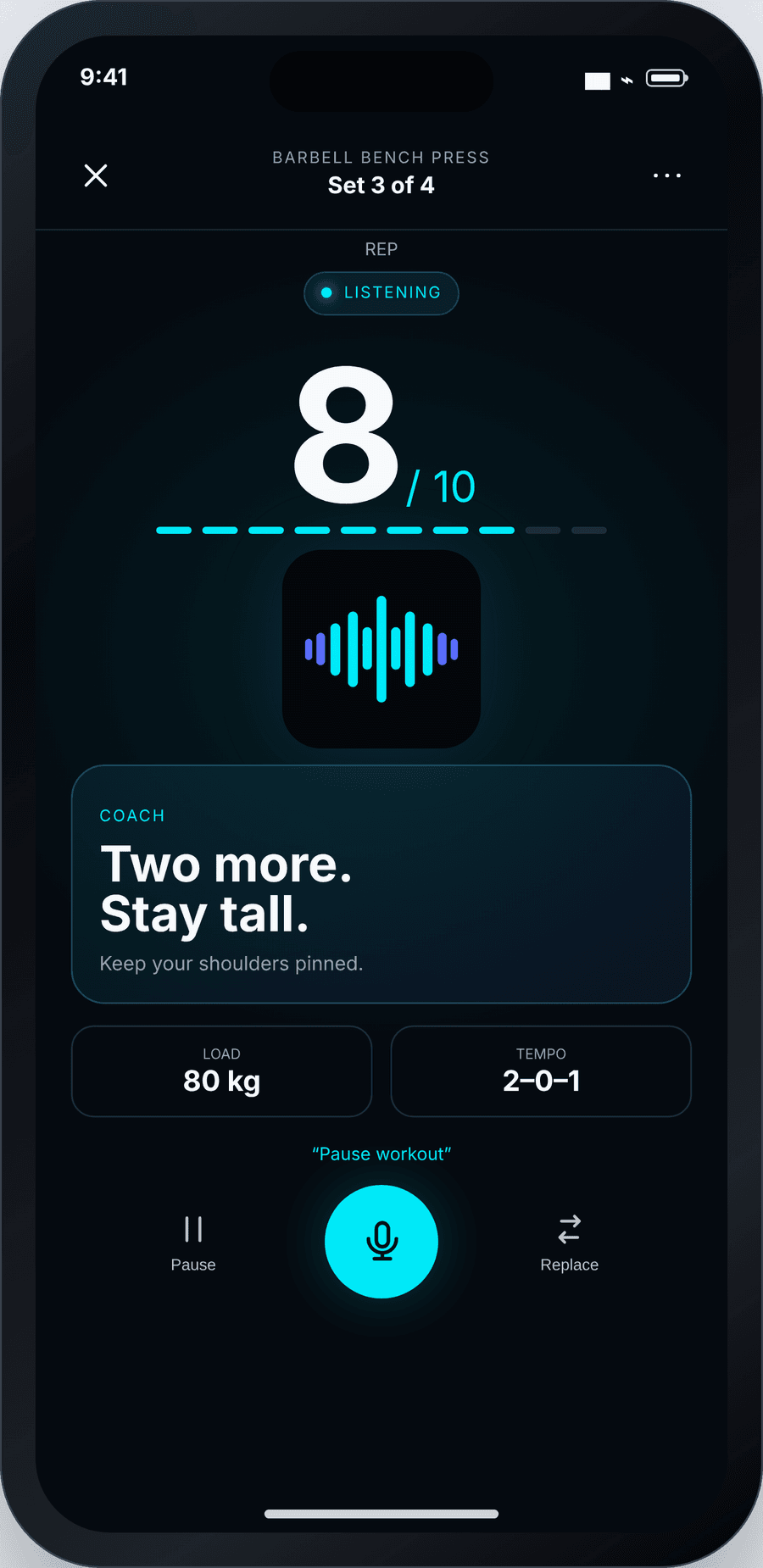 The OneMore active set screen: rep 8 of 10, with the spoken cue shown on screen