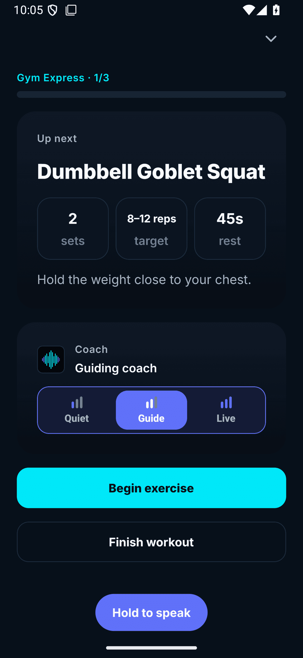 The OneMore coach level picker, showing Quiet, Guide and Live