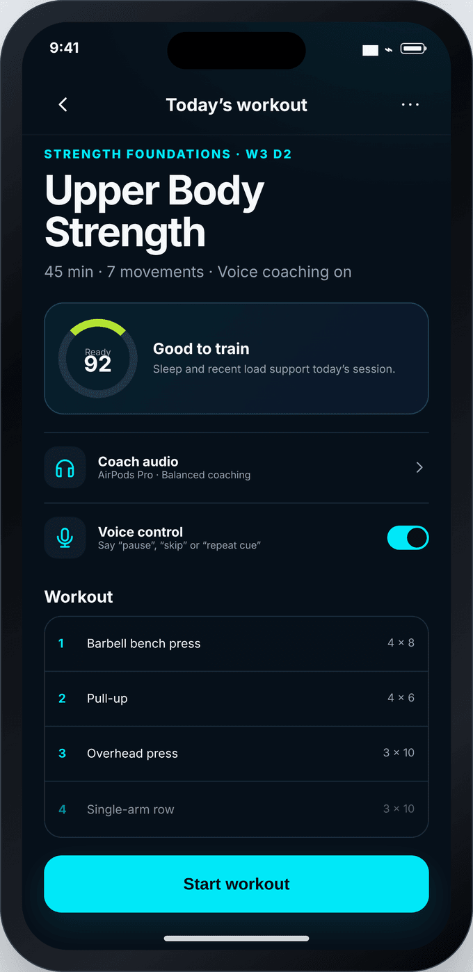 The OneMore workout overview: Upper Body Strength, readiness 92, good to train